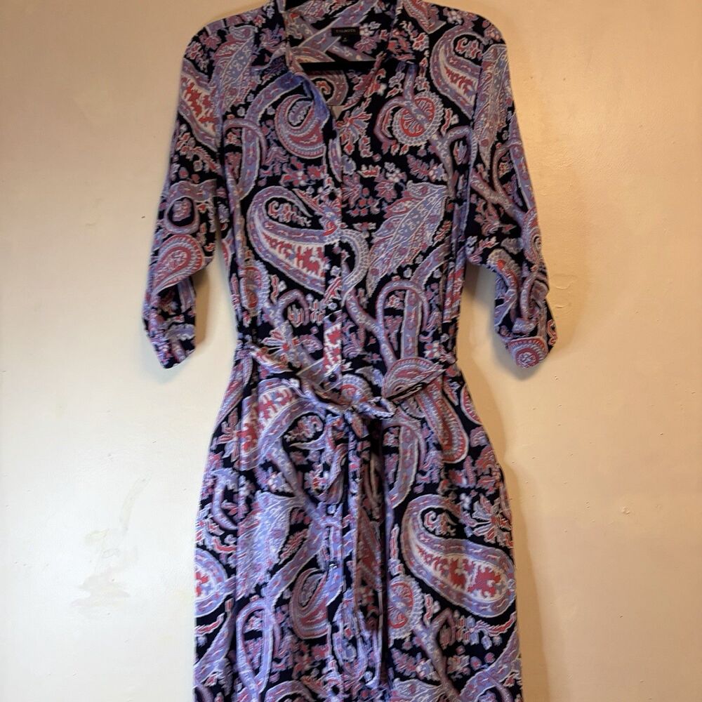 Talbots Womens Paisley Shirt Dress Button Front 3/4 Sleeve Belted Midi L